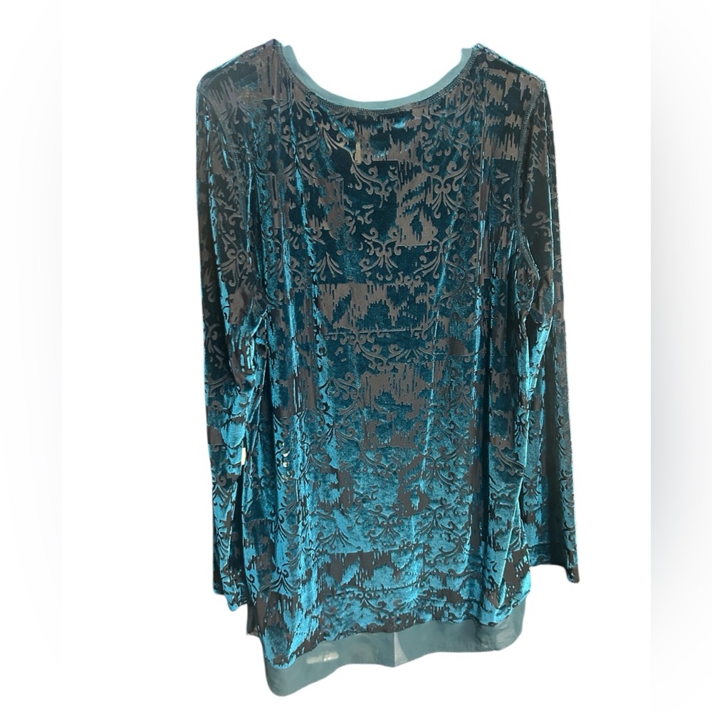 Simply Vera Vera Wang Teal Sheer & Velvet Long Sleeve Top - Picture 2 of 3